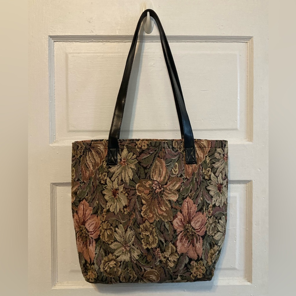 Vintage Floral Tapestry Tote in Green, Pink, Brown with Black Straps